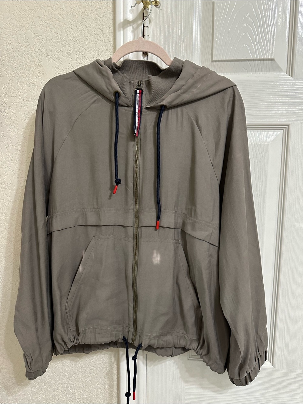 Tommy Hilfiger Taupe Hooded Windbreaker with Navy Drawcords